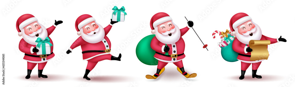 Santa claus christmas vector set design. Christmas santa claus characters in standing, skating and holding gift for xmas season cartoon collection. Vector illustration santa claus character collection Santa claus christmas vector set design. Christmas santa claus characters in standing, skating and holding gift for xmas season cartoon collection. Vector illustration santa claus character collection