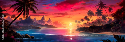 Tropical paradise showcasing palm trees swaying against a backdrop of vivid sunset hues and vibrant, exotic birds. Generative AI