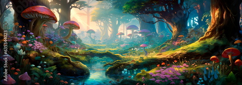 mystical forest, filled with colorful flora and fauna, inviting viewers into a magical world. Generative AI © Лилия Захарчук