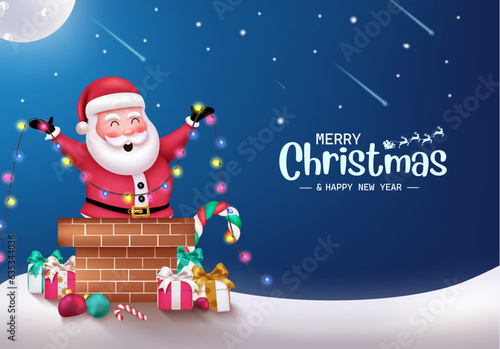 Merry christmas text vector design. Christmas santa claus character in roof top chimney holding xmas light elements. Vector illustration greeting card winter night concept.

