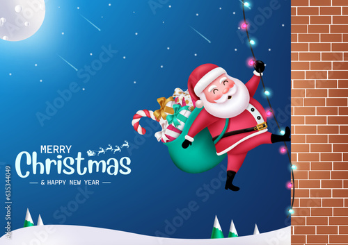 Christmas santa claus character vector design. Santa claus character in wall climbing  with sack of gifts for winter snow evening background. Vector illustration greeting card seasonal design.
