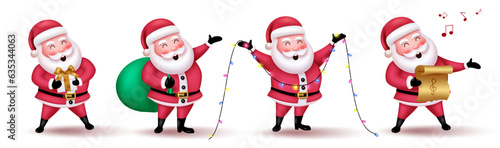 Christmas santa claus vector set design. Santa claus characters in standing pose, singing and holding gift for xmas cartoon costume. Vector illustration santa character collection.
