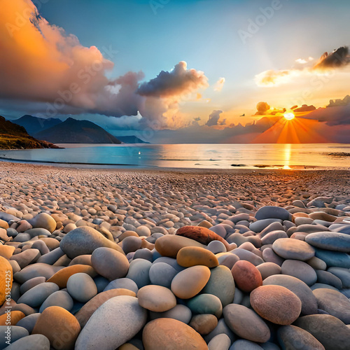 Small pebble stones on sea beach with transparent water. Natural background for summer vacation. Generative AI