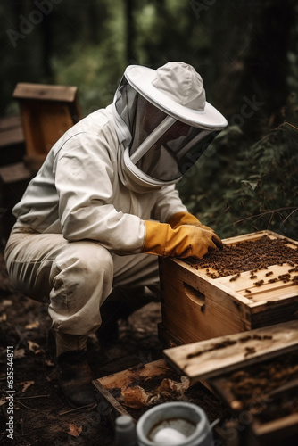 Beekeeper in protective suit working on bee hive with honey bees. Generative AI