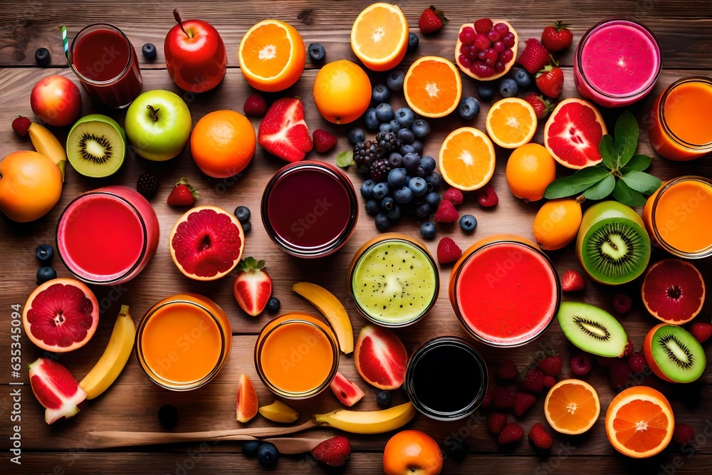 Colorful fresh juices and some fruits near on the table Colorful fresh juices and some fruits near on the table
