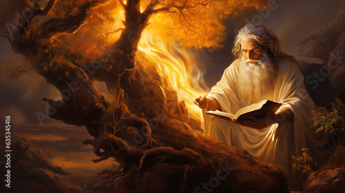 Moses with the burning bush, old Testament and Jewish Torah, Book of Exodus, religion photo