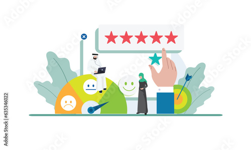 Arabic People giving feedback men and women concept. Vector of business people receiving excellent service evaluation. arabic dress vector illustration, based middle east people