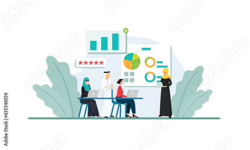 Arab Male and female characters are in office preparing presentation. Business presentation during employees meeting. Website, web page, landing page template. Flat cartoon vector illustration