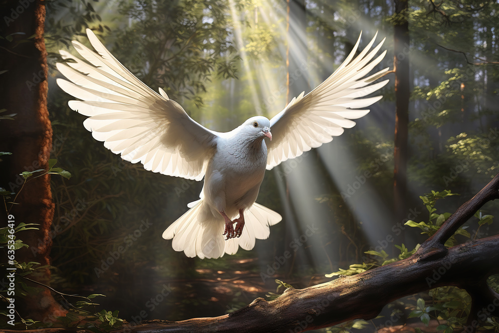 Image of white pigeon flying in the fertile forest. Bird. Nature. Illustration, Generative AI. Image of white pigeon flying in the fertile forest. Bird. Nature. Illustration, Generative AI.