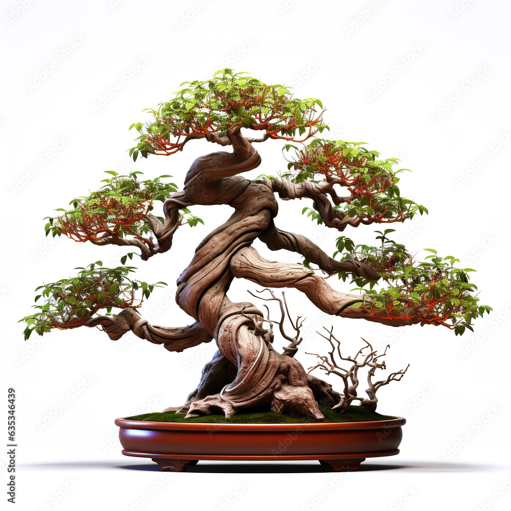 Image of bonsai tree with green leaves and a beautiful shape in a pot on a white background. Illustration, Generative AI. Image of bonsai tree with green leaves and a beautiful shape in a pot on a white background. Illustration, Generative AI.