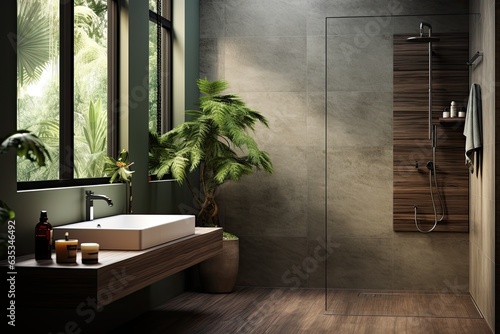 Interior of modern bathroom with dark gray walls, wooden floor, comfortable white bathtub with towels and green plants