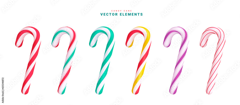 Candy cane christmas vector set design. Christmas candy cane elements collection in colorful stripe pattern for holiday season ornaments decoration. Vector illustration candy cane elements collection.