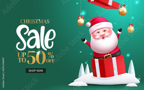 Christmas sale text vector banner design. Christmas santa claus character in open box for surprise shopping clearance discount promo offer. Vector illustration holiday season sale background.

