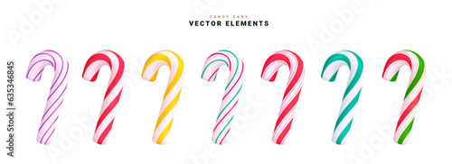Christmas candy cane vector set design. Candy cane elements collection in colorful stripe pattern isolated in white background. Vector illustration sweet stick candy cane collection.
