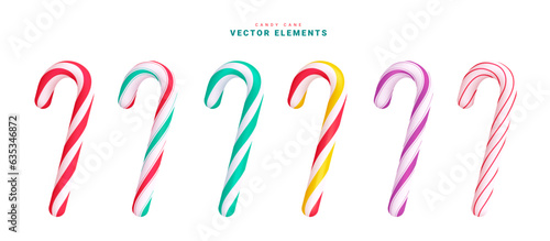 Candy cane christmas vector set design. Christmas candy cane elements collection in colorful stripe pattern for holiday season ornaments decoration. Vector illustration candy cane elements collection.