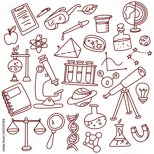 A set of hand-drawn vector contours on the topic of science, education and school. Doodle elements flask, book, notebook, microscope, planet, telescope, dna, magnet, test tubes, scales and others