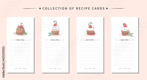 Collection of recipe card templates. Clean pages of the cookbook are decorated cakes and dessert. Vector illustration.