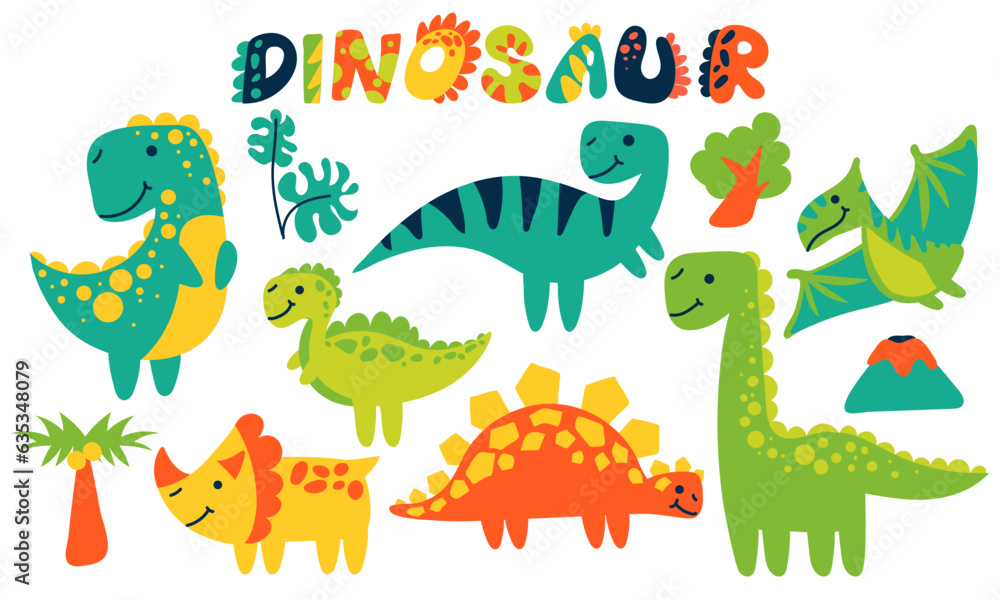 Vector cartoon illustration of dinosaurs and elements of the tropical habitat of Stegosaurus, brachiosaurus, velociraptor, Triceratops, Tyrannosaurus, spinosaurus and Pterosaurus Vector cartoon illustration of dinosaurs and elements of the tropical habitat of Stegosaurus, brachiosaurus, velociraptor, Triceratops, Tyrannosaurus, spinosaurus and Pterosaurus