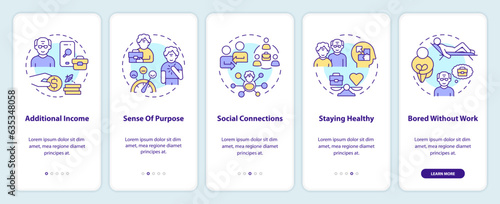 2D icons representing unretirement mobile app screen set. Walkthrough 5 steps colorful graphic instructions with thin line icons concept, UI, UX, GUI template.