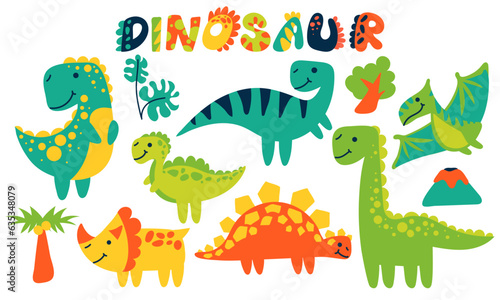 Vector cartoon illustration of dinosaurs and elements of the tropical habitat of Stegosaurus, brachiosaurus, velociraptor, Triceratops, Tyrannosaurus, spinosaurus and Pterosaurus © Svetlana