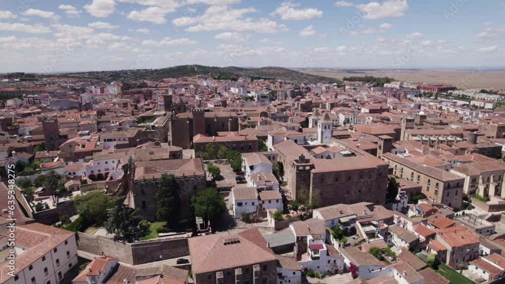 Aerial view of medieval walled city Cáceres in Spain, UNESCO World Heritage, Orbiting Aerial view of medieval walled city Cáceres in Spain, UNESCO World Heritage, Orbiting
