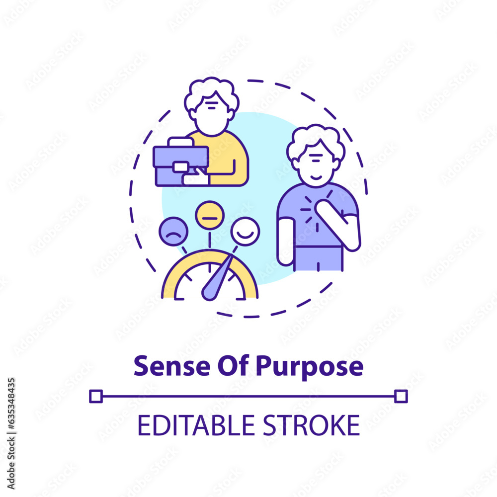 2D editable sense of purpose thin line icon concept, isolated vector, multicolor illustration representing unretirement. 2D editable sense of purpose thin line icon concept, isolated vector, multicolor illustration representing unretirement.