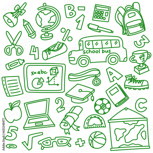 A set of doodle items in the school theme on a white background. Free drawing on the theme back to school. We're going back to school. Vector illustration