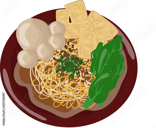 Chicken noodle with dumplings crackers and meatballs topping (mie ayam bakso)