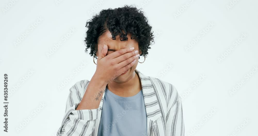 Crying, depression and face of sad woman in studio with stress, fear or mental health crisis on white background. Tears, portrait and lady model with anxiety, broken heart or mistake, trauma or grief Crying, depression and face of sad woman in studio with stress, fear or mental health crisis on white background. Tears, portrait and lady model with anxiety, broken heart or mistake, trauma or grief