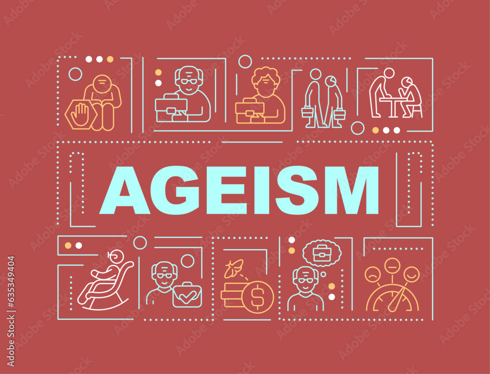 Ageism text with various thin line icons concept on dark red monochromatic background, editable 2D vector illustration. Ageism text with various thin line icons concept on dark red monochromatic background, editable 2D vector illustration.