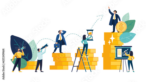 Vector illustration, investment management. Company is engaged in joint construction and cultivation of monetary profits, career growth to success. Teamwork of people, business analysis, green, yellow