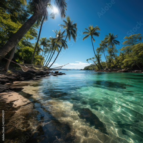 deserted island with turquoise lagoon with palm tree 