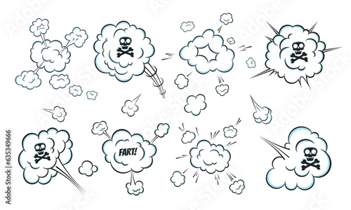 Smelling pop art comic book cartoon fart cloud flat style design vector illustration set with text and skull with crossed bones. Bad stink or toxic aroma cartoon smoke cloud.