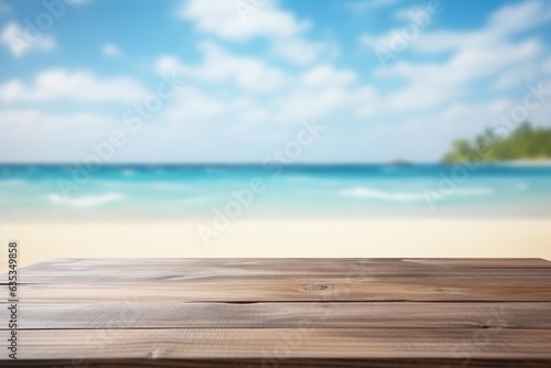 Wooden table top on blurred beach background