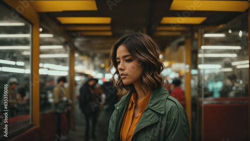 A woman wearing a green jacket standing in a subway station