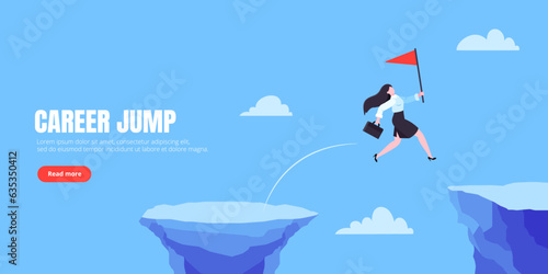 Businesswoman jumps over the abyss across the cliff flat style design vector illustration. Business concept of fearless businesswoman with courage. Risk, goal achievement, work obstacles and success.