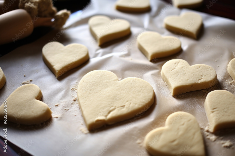 Heart shaped cookies on baking parchment paper