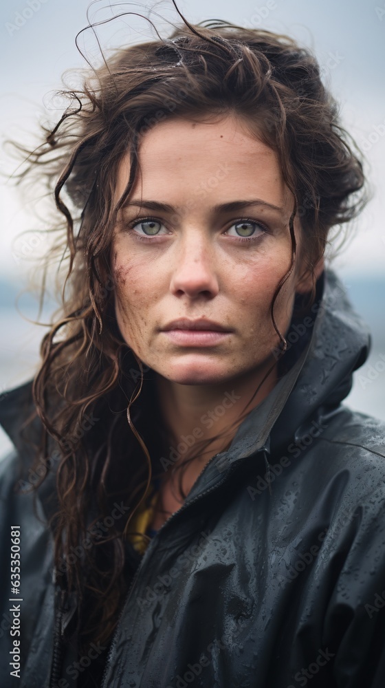 marine biologist, wet hair clinging to their forehead, gazing intently into the camera with salt-crusted skin marine biologist, wet hair clinging to their forehead, gazing intently into the camera with salt-crusted skin