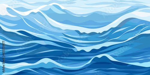Blue ripples and water splashes waves surface flat style design vector illustration. Sea or river splashes water texture background. A restless surface of the sea, ocean, lake or river sways in waves
