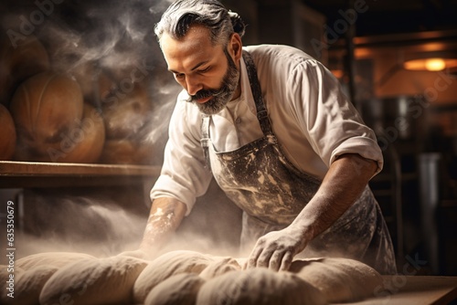 passionate baker, coated in flour, with their hair pulled back, showing pride and exhaustion in their eyes