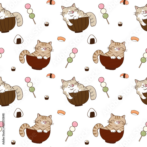 Seamless Pattern of Cute Cat in Rice Bowl and Japanese Food on White Background