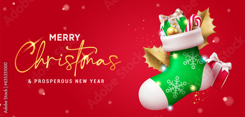 Merry christmas text vector design. Christmas green santa sock ornaments in elegant red color for holiday season background decoration. Vector illustration xmas greeting card.
