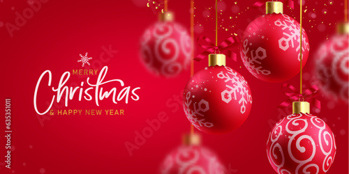 Christmas balls vector design background. Merry christmas and happy new year text with hanging red bauble ball in elegant background. Vector illustration holiday greeting card.
