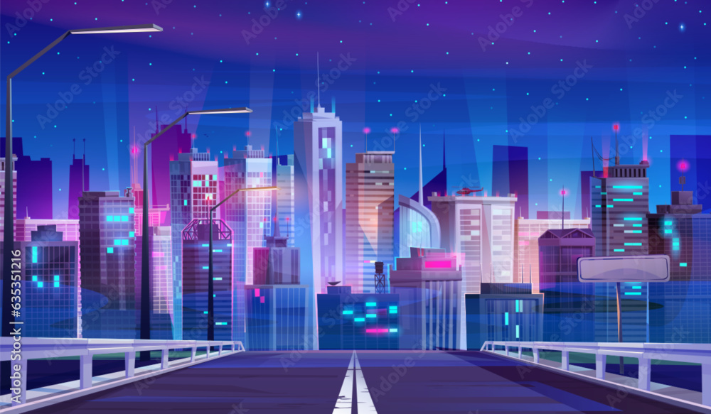 Night road to city neon skyline landscape vector background. Urban business skyscraper building panorama. Modern metropolis downtown architecture and big highway with fence environment concept Night road to city neon skyline landscape vector background. Urban business skyscraper building panorama. Modern metropolis downtown architecture and big highway with fence environment concept