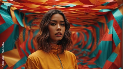 A woman standing in front of a vibrant and captivating tunnel