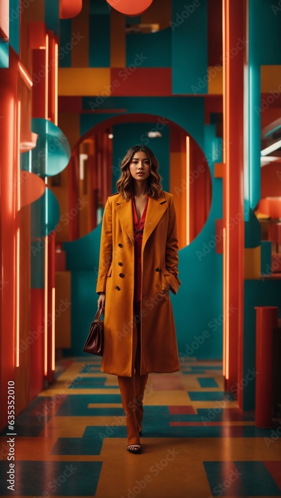A woman wearing a yellow coat standing in a hallway