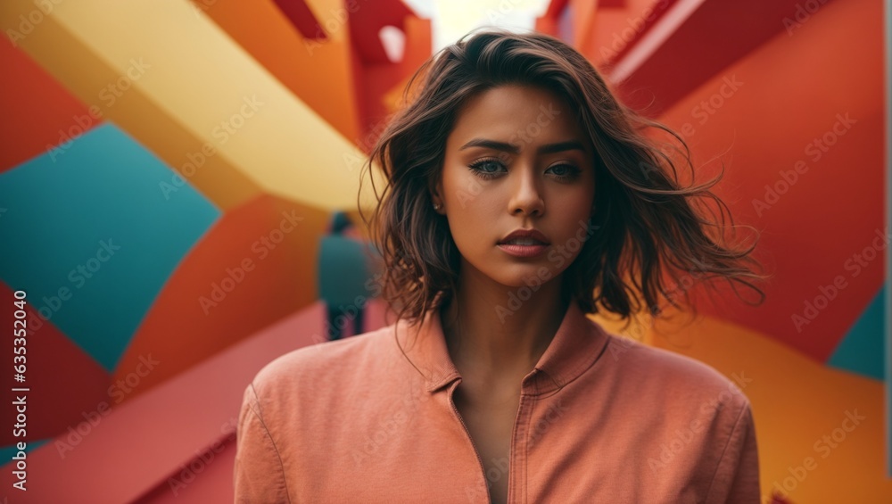 Naklejka premium A woman standing in front of a vibrant wall