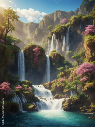 Beautiful waterfall with pink sakura flowers on the background of the mountains.