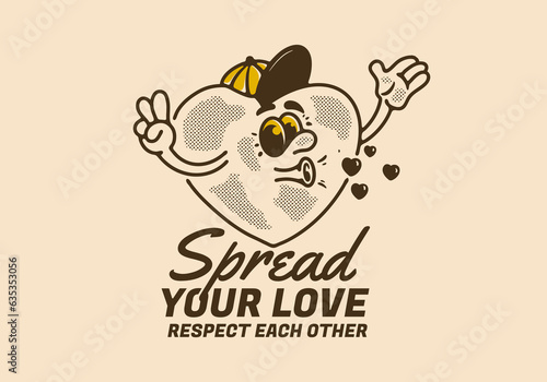 Spread your love, Heart mascot character illustration in vintage style