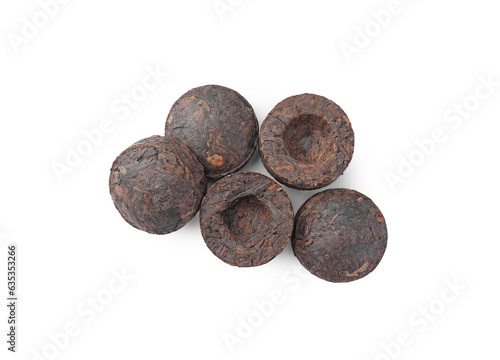 Cake shaped traditional Chinese pu-erh tea isolated on white  top view